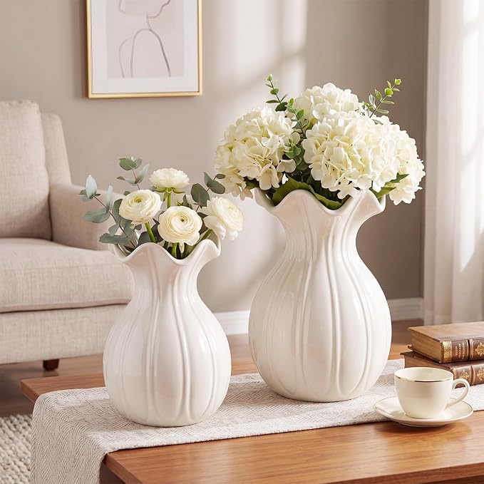 2 Pack White Ceramic Vase Set Small Rustic Decorative Vases Home Decor Wavy Edge Modern Flower Vases for Farmhouse Table Centerpiece Living Room Kitchen Bedroom (6.7, 7.9in, Elegant)