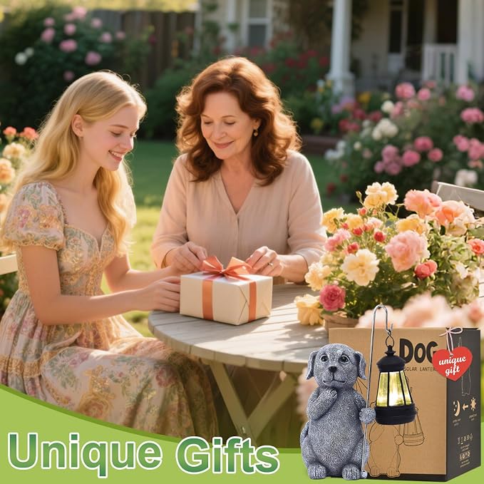 Qeeman Solar Dog for Garden Decor: Weatherproof Resin Statues | Warm Glow Lantern Outdoor Decoractions for Yard Pathway Patio Porch Balcony Front, Gifts for Mom Grandma Lovers