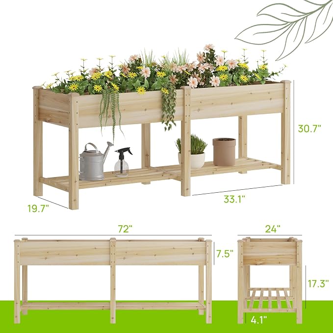 72x24x30.7in Wood Raised Garden Bed with Legs Elevated Planter Box Gardening Outdoor Planter Box Patio Kit Planting Bed for Vegetables Flowers Herbs Outdoor for Patio Balcony Backyard (Natural, Large)