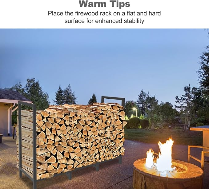 4ft Outdoor Firewood Rack Holder with 8 Support Legs for Fire Wood Pile Storage, Adjustable Heavy Duty Log Stacker Stand Organizer, Black