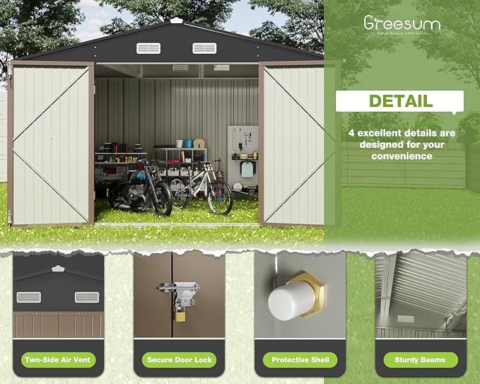 Greesum 10 x 10 FT Metal Outdoor Storage Shed, Brown | Waterproof Weather Resistant Utility Tool House with Lockable Door for Patio, Garden & Lawn Storage