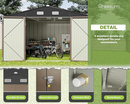Greesum 10 x 10 FT Metal Outdoor Storage Shed, Brown | Waterproof Weather Resistant Utility Tool House with Lockable Door for Patio, Garden & Lawn Storage