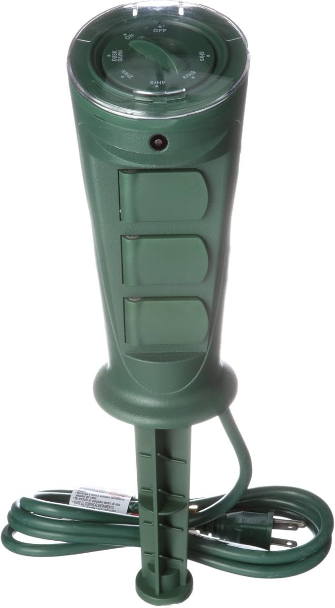 Southwire Woods Outdoor Plug-In Yard Stake Timer - Dusk-to-Dawn Photocell Control - 3 Grounded Outlets - Weatherproof Design - 6-Foot SJTW Cord - Green