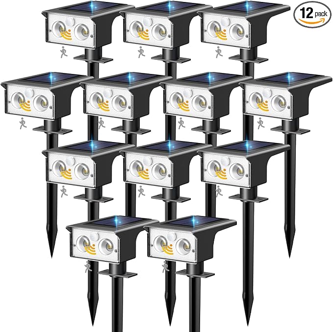 btfarm Solar Spot Lights Outdoor Waterproof, 12 Pack/3 Modes Motion Sensor Lights, Solar Powered Spotlights 2-in-1 Auto On/Off for Outside Pathway Yard Garden Landscape Lighting, Cool White