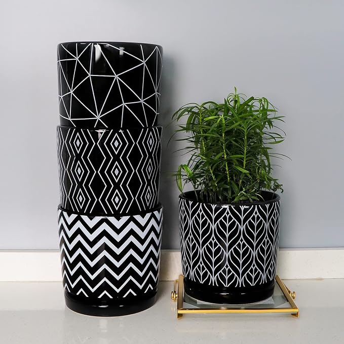 Ton Sin Flower Pots, 5.5 Inch Black Ceramic Planter Pot with Drainage Hole, Indoor Cylinder Plant Pots with Saucer, Cactus Succulent Pots Outdoor Garden Pots Set of 4