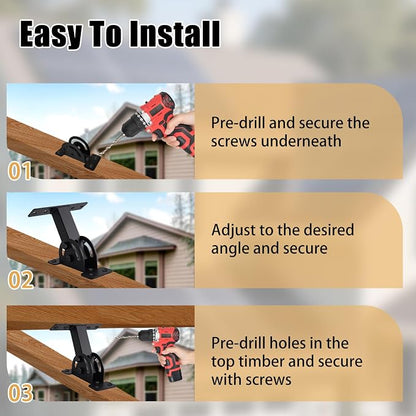 Heavy Duty Roof Riser Brackets Kit, 3 Pcs, Adjustable Angle Pergola Brackets, Black Powder-Coated, Carbon Steel, Wall Mount