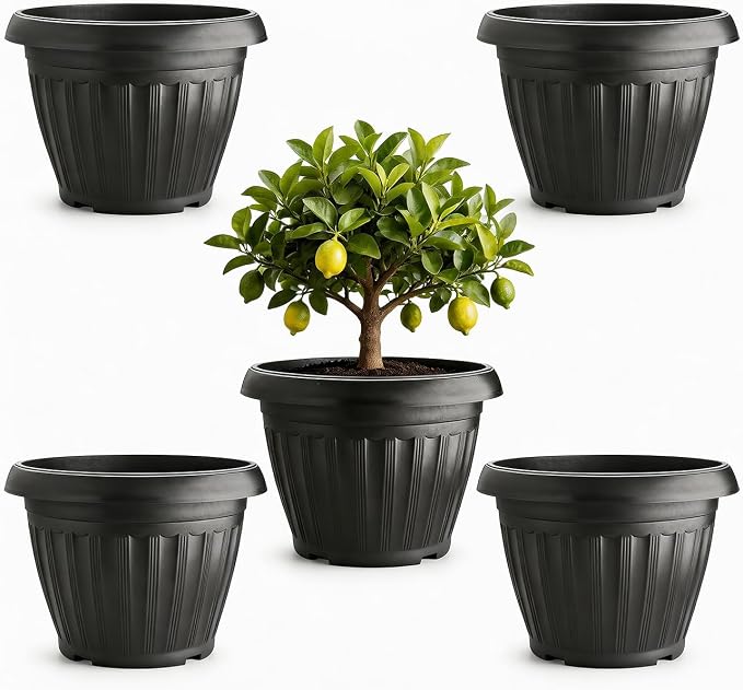 RooTrimmer 5 Pack 16 Inch Large Plant Pots with Drainage Holes,Heavy Duty Lightweight Plastic Planters for Indoor Outdoor Plants,Modern Flower Pots for Trees,Fiddle Leaf Fig,Patio,Garden & Balcony