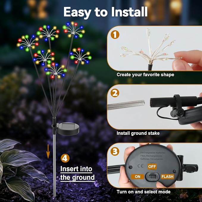 Solar Garden Lights Outdoor, 2 Pack New Upgraded Solar Swaying Starburst Light, Waterproof Fireworks Solar Lights, Yard Patio Pathway Decoration, Multicolor