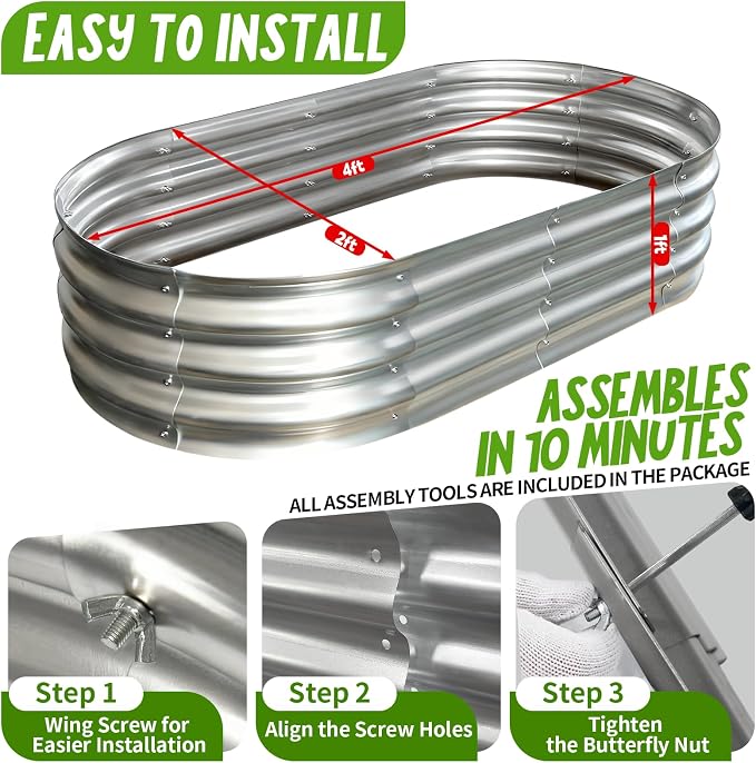 Galvanized Raised Garden Bed Kit, Planter Garden Boxes Outdoor, Oval Large Metal for Vegetables Fruits, Flowers Planter Boxes, Easy Assembly Garden Bed Kit (Silver, 4×2×1FT (1-Pack)