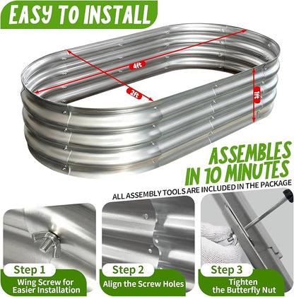 Galvanized Raised Garden Bed Kit, Planter Garden Boxes Outdoor, Oval Large Metal for Vegetables Fruits, Flowers Planter Boxes, Easy Assembly Garden Bed Kit (Silver, 4×2×1FT (1-Pack)