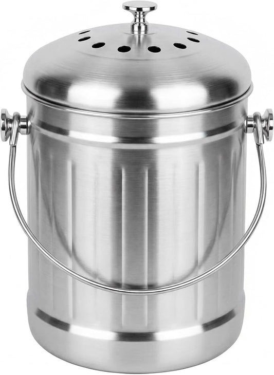 1.3 Gallons 5L Brushed Stainless Steel Kitchen Countertop Undersink Indoor Odorless Composting Compost Bin Countertop Composter with Charcoal Filter Inside Lid Brushed