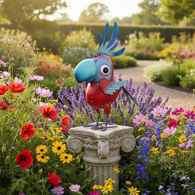 Metal Parrot Statue Outdoor Garden Decor,15" Bird Decor Yard Statue Decorations Outdoor,Funny Parrot Sculpture for Patio, Lawn, Backyard(Pink and Blue)