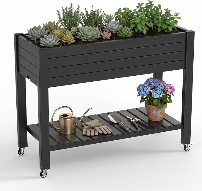 Elevated Resin Raised Garden Bed, 33.7in Height Raised Planter Box with Drainage Holes, Lockable Rotating Wheels & Bottom Storage Shelf, Stake Support, Easy Assembly for Patio Lawn Backyard Balcony