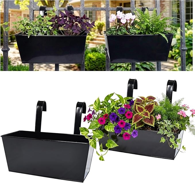 12" Balcony Railing Planters, Outdoor Hanging Planter for Fence, Stylish Metal Porch Deck Flower Pot for Herbs & Succulents (Rectangular-Black, Pack of 2)
