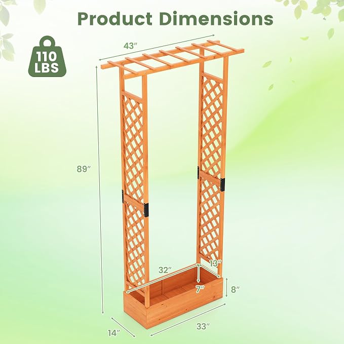 Giantex Wooden Raised Garden Bed with Trellis & Hanging Roof, Fir Wood Planter Box, 89” Freestanding Elevated Garden Bed for Outdoor Climbing Plants Vegetables Flowers, Patio & Balcony, Orange