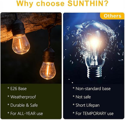 SUNTHIN 105FT Outdoor String Light with 34 1W LED Shatterproof Filament Bulb for Patio Lights, Backyard, Porch, Party Lights