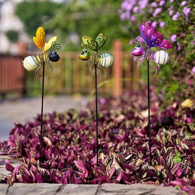 Garden Decor for Outside,3 Pcs Luminous Insect Garden Decorative Stakes,Glow in The Dark Bee Lights Metal Yard Art,Waterproof Outdoor Spring Lawn Patio Pathway Decoration for Mom,Women,Grandma