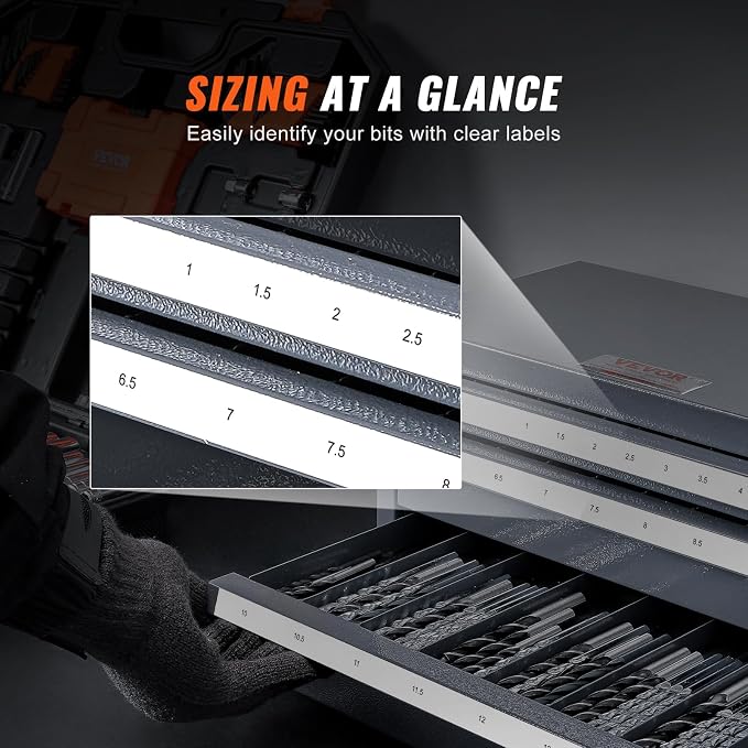 VEVOR Drill Bit Organizer - Three-Drawer Steel Cabinet for 1mm to 13mm, Labels, Stackable