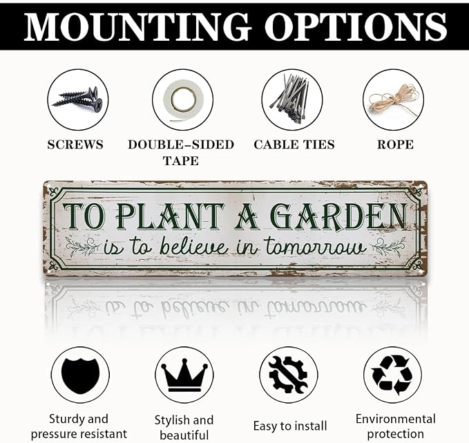 Garden Metal Tin Sign, To Plant a Garden Is to Believe in Tomorrow Sign, Rustic Farmhouse Gardening Wall Decor, for Yard Fence Porch Door, Outdoor Gardens Decoration, 15.7 x 3.9 Inches