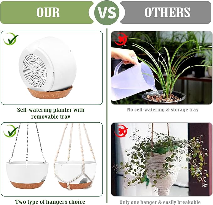10 Inch Self Watering Hanging Planters with Metal Chain & Macrame Hangers | Reservoir, Drainage Holes, Hanging Planter Basket for Indoor & Outdoor Plants, White