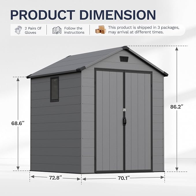 Greesum 6x6FT Plastic Outdoor Storage Shed with Floor, Resin Sheds with Lockable Double Door, Tool Sheds with Window and Vents, for Backyard, Garden, Patio, Dark Gray