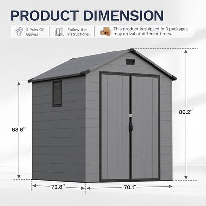 Greesum 6x6FT Plastic Outdoor Storage Shed with Floor, Resin Sheds with Lockable Double Door, Tool Sheds with Window and Vents, for Backyard, Garden, Patio, Dark Gray