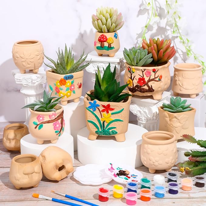 Hushee 12 Sets Ceramic Succulent Planters Paintable Succulent Plant Pots Small DIY Figurines Unpainted Pots with Drainage Hole Color Paints Paintbrushes Palettes