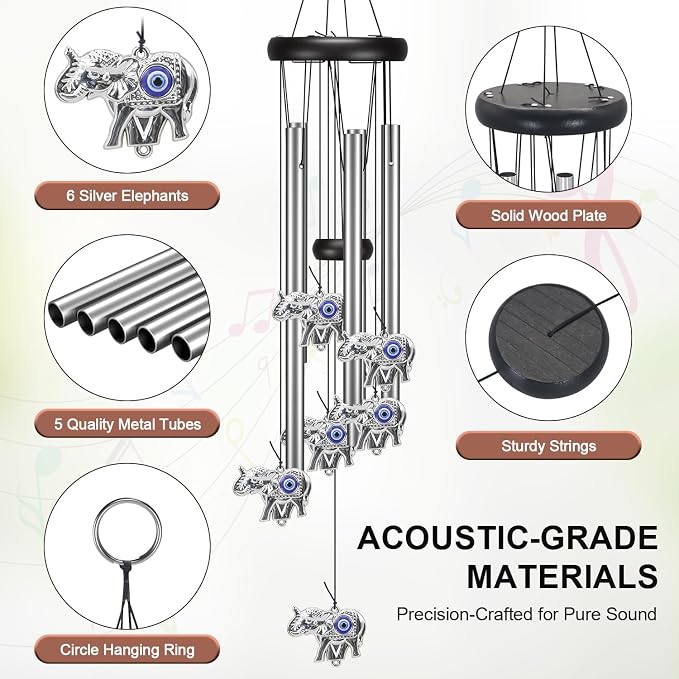 Virekm Memorial Wind Chimes, Angel Wind Chimes for Outside Clearance, Elephant Gifts for Women, Outdoor/Indoor Hanging Decorations for Patio, Porch, Garden Decor, and Backyard (Evil Eye Elephant)