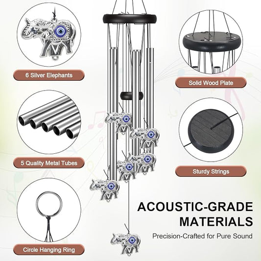 Virekm Memorial Wind Chimes, Angel Wind Chimes for Outside Clearance, Elephant Gifts for Women, Outdoor/Indoor Hanging Decorations for Patio, Porch, Garden Decor, and Backyard (Evil Eye Elephant)