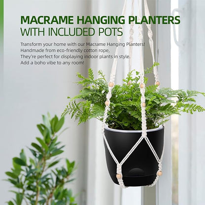 QCQHDU 2-Pack 7.1-Inch Macrame Self-Watering Hanging Planters, Pure Black | Small Plant Pots, Indoor & Outdoor, With Drainage, Two Sets of Hooks