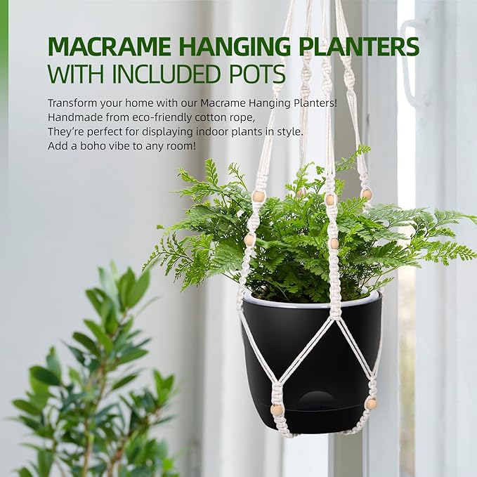 QCQHDU 2-Pack 5.7-Inch Macrame Self-Watering Hanging Planters, Pure Black | Small Plant Pots, Indoor & Outdoor, With Drainage, Two Sets of Hooks