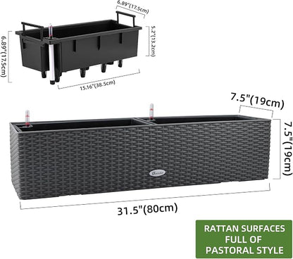 Dexceder 31.5 Inch Self Watering Rail Window Box with Bracket (Deep Gray) | Thickened Large Rattan Planter Flower Plant Pot with Water Level Indicators Indoor Outdoor