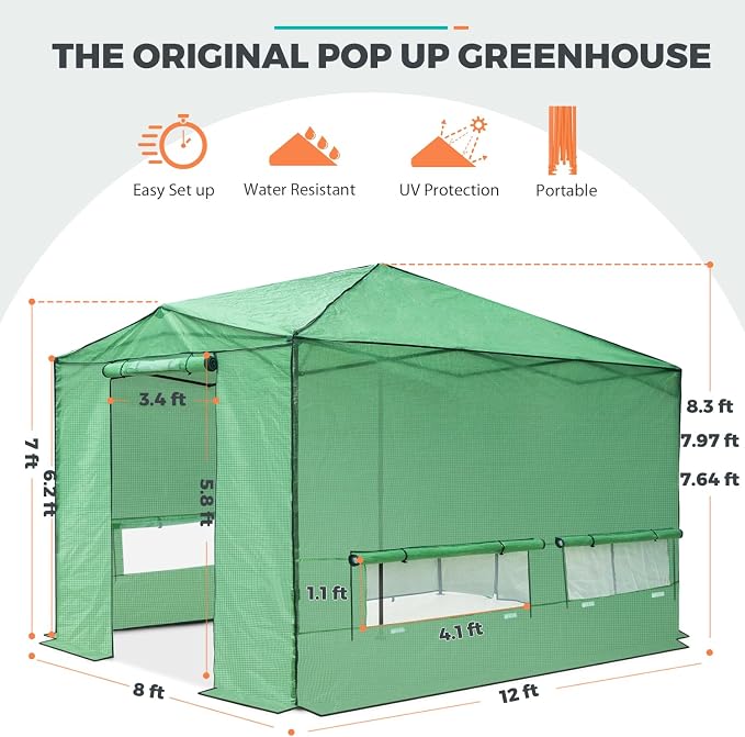 EAGLE PEAK 12x8 Portable Walk in Greenhouse, Pop Up Indoor Outdoor Greenhouse, Green House Kit with Zippered Roll-Up Doors, Windows + Support Pole, PE Cover, Clear/Green