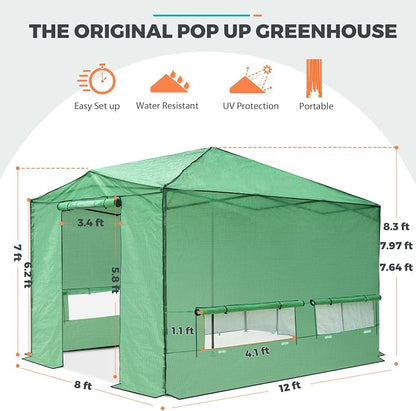 EAGLE PEAK 12x8 Portable Walk in Greenhouse, Pop Up Indoor Outdoor Greenhouse, Green House Kit with Zippered Roll-Up Doors, Windows + Support Pole, PE Cover, Clear/Green