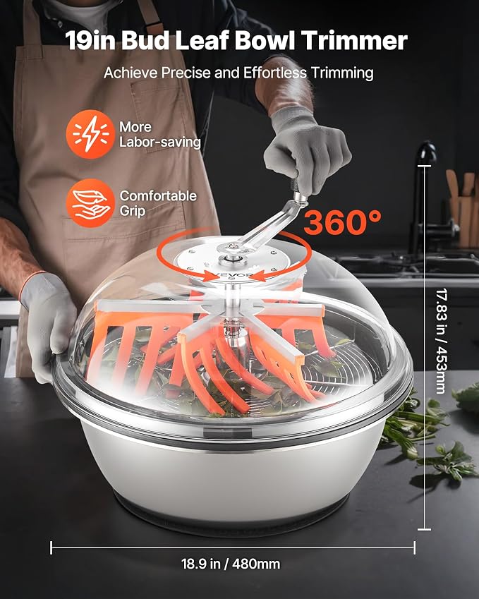 VEVOR Bud Leaf Bowl Trimmer, 19 in Bud Trimmer with Sharp Stainless Steel Blades, Visual Cutting, Wet & Dry Hydroponic Cutting Machine, Twisted Spin Cut for Plants Leaves Buds Flowers