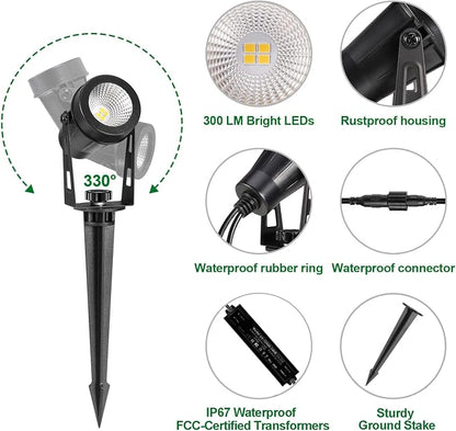 Outdoor Landscape Lighting, 4 Pack LED Outdoor Spot Lights with Transformers, 12V Warm White Low Voltage Landscape Lights IP65 Waterproof Plug in Spotlight for Yard House Pathway Tree Pools