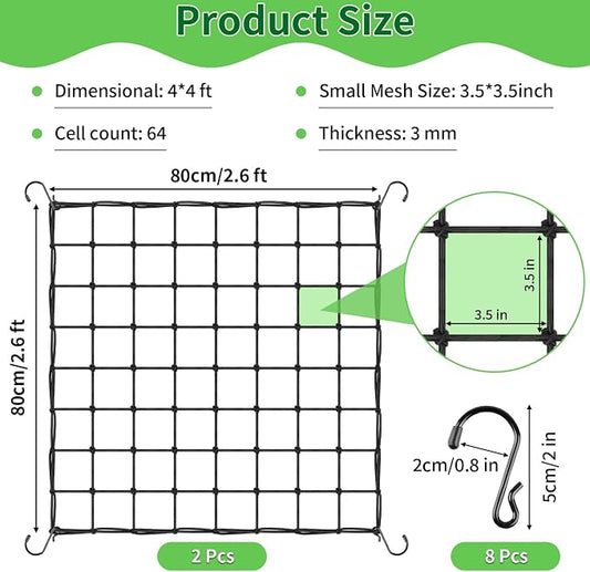 Trellis Netting, 2 Pack Scrog Nets with 8 Hooks, 4x4 Trellis Net for Grow Tent, Heavy-Duty Plant Net for Cucumber Gardening and Horticulture, Grow Tent Accessories