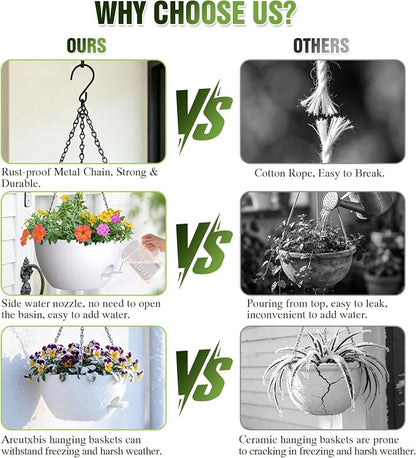 8 Inch Self Watering Hanging Planters Set of 3 with Saucers | Set of 3 8-inch self-watering hanging planters with side-fill watering ports, chain hangers & snap-on saucers