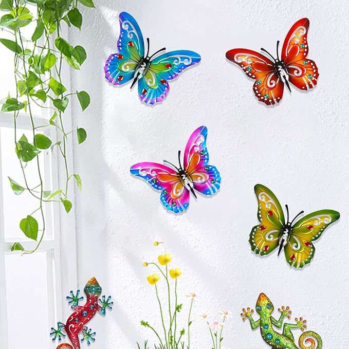 2 Pack Butterfly Decorations, 14.5" Large Metal Butterflies Fence Garden Yard Art Wall Decor for Outdoor Patio Balcony Tree Front Porch, Vibrant Colors Blue Red