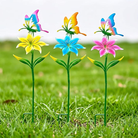 Metal Garden Flowers for Outside, 30.3-22.4" 3-Pack Colorful Butterfly & Flower Decorative Garden Stakes for Spring Garden Decor, Yard Art Decorations for Patio Lawn