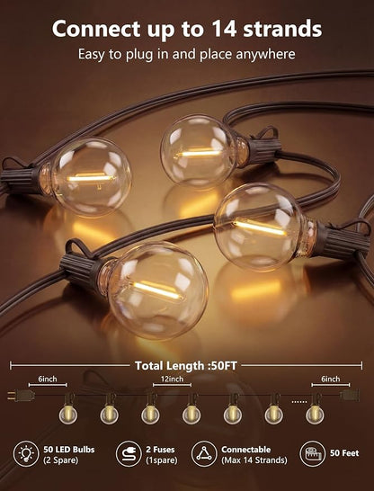 50Ft LED Globe String Lights Shatterproof Waterproof G40 Outdoor Patio String Light with 52 Dimmable LED Bulbs, Hanging Patio Lights for Indoor Bistro Pergola Tents Wedding Party Christmas Decor-Brown