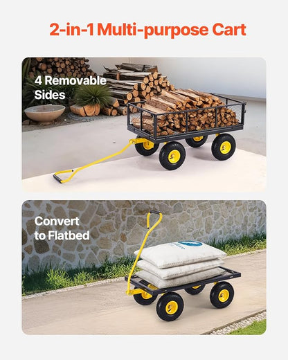 VEVOR Heavy Duty Steel Garden Cart 900 lbs Garden Wagon Cart on Wheels | Outdoor Metal Yard Utility Wagon with 10" Tires, Mesh Detachable Sides (Convert to Flatbed) and 180° Rotating Handle