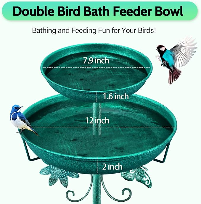 Daoeny Bird Bath for Outside, 42In Vintage Freestanding Birdbaths for Outdoors, Double Metal Bird Bath Feeder Bowls for Garden Patio Yard Lawn Decor, Upgraded 5-Pronged Base (Green)
