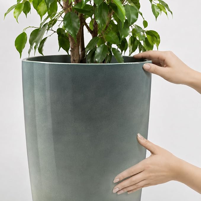 ZMTECH 24/21/12/10 Inch Charcoal Gray Green Gloss Planter Set, 4 Pack Large Outdoor Planters with Drainage Holes & Saucers, Glossy Smooth Lightweight Plastic Plant Pots for Indoor Patio Garden Décor