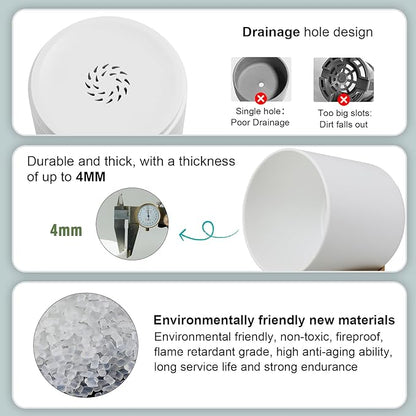 WSMKSZ 5 Pack Cylindrical Flower Pots with 7/6.5/6/5/4 inch, Modern Small Plastic Plant Pots with Drainage Holes & Saucers, Round Planter Pots for Outdoor, Indoor & Office Decor (White Brown)