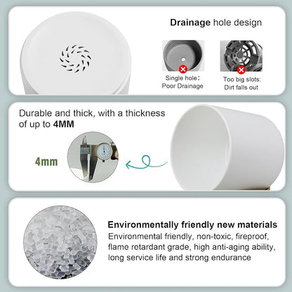 WSMKSZ 3 Pack 6/5/4 inch Cylindrical Flower Pots, Modern Small Round Plastic Plant Pots with Drainage Holes & Saucers, Clean and Refined Planter Pots for Outdoor, Indoor & Office Decor (White Brown)