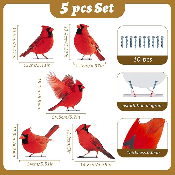 HUYIENO 5PCS Vivid Metal Birds Fence Decor 2D Dual Side Color Painted Outdoor Garden Natural Bird Sculptures for Outdoor Fences, Patio, Garden and Bird Lovers (Cardinal)