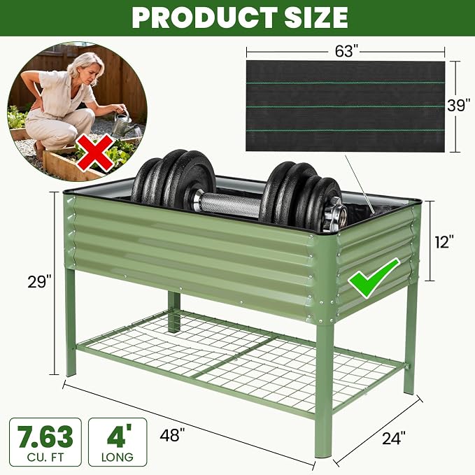 Elevated Raised Garden Bed 2' x 4'- Galvanized Metal Planter Boxes with Legs & Storage Rack, Outdoor Planters for Backyard/Patio/Balcony, with Drainage Holes for Vegetables, Flowers, Herbs, Green