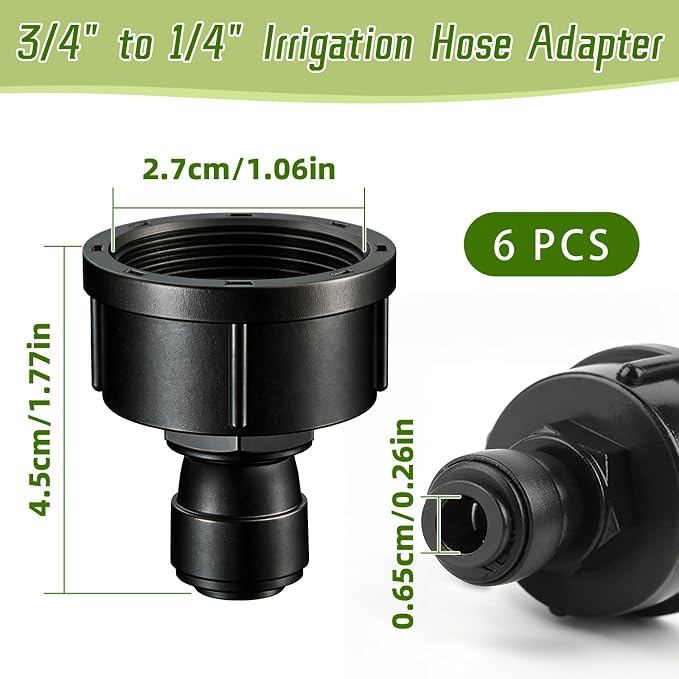 6 Pcs 3/4" to 1/4" Drip Irrigation Faucet Adapters, Quick Connect 3/4" Faucet to 1/4" Tubing Drip Irrigation Hose Adapters, Push-to-Fit Garden Hose to 1/4 Tubing Adapter for Irrigation System