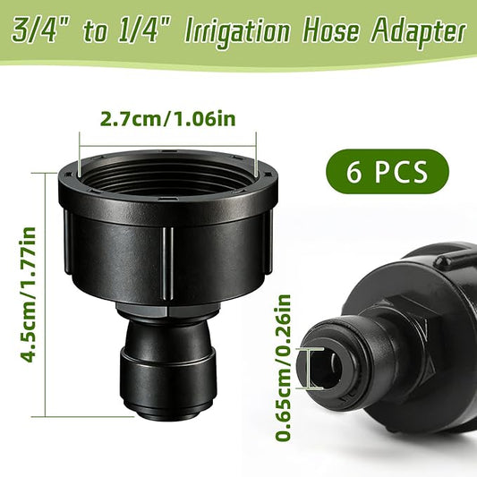 6 Pcs 3/4" to 1/4" Drip Irrigation Faucet Adapters, Quick Connect 3/4" Faucet to 1/4" Tubing Drip Irrigation Hose Adapters, Push-to-Fit Garden Hose to 1/4 Tubing Adapter for Irrigation System